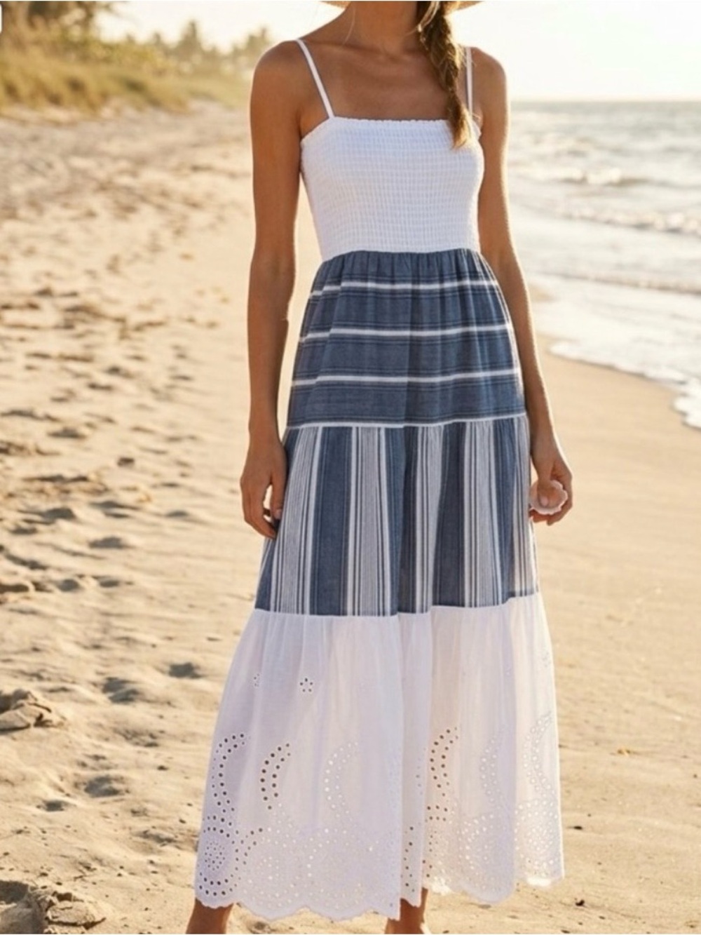 White and Blue Tiered Eyelet Maxi Dress with top smocking . Made in Italy. Small